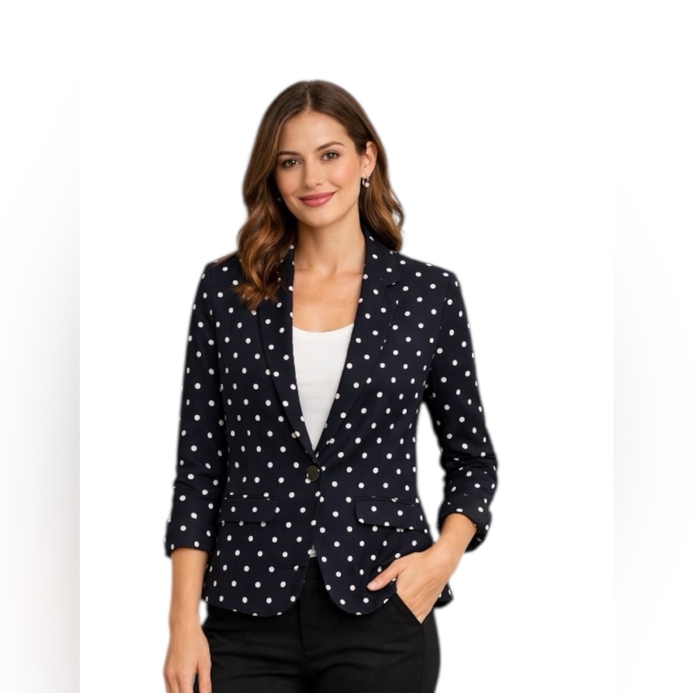 Liz Claiborne Navy Polka Dot Blazer Linen Blend Size 4
